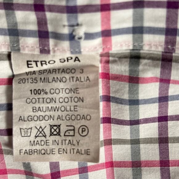 Etro Shirt Mens 42 Large Multicolor Check Plaid Made in Italy Long Sleeve Cotton - Picture 5 of 12